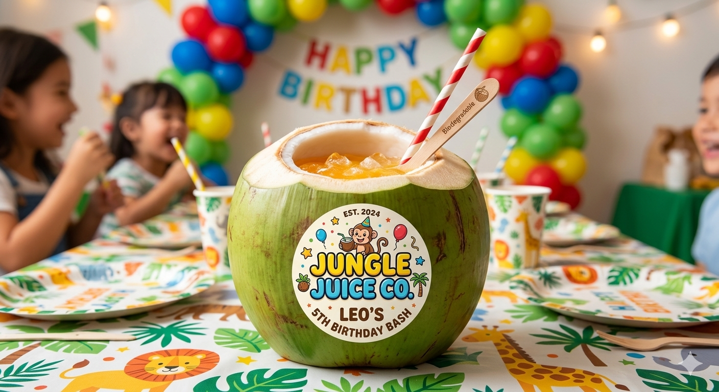 Corporate logo branded coconuts at a Las Vegas trade show convention booth