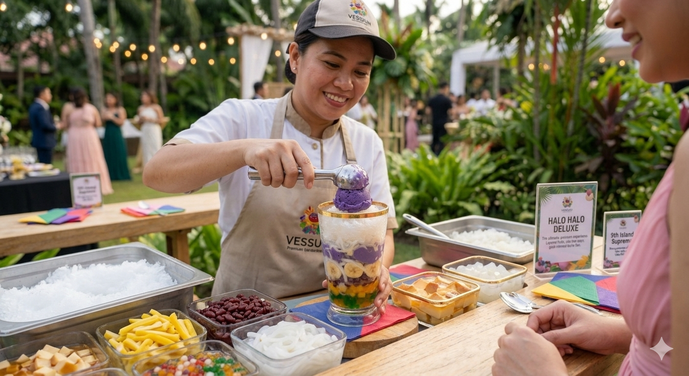 Interactive Halo Halo dessert bar station with colorful toppings at a Las Vegas event
